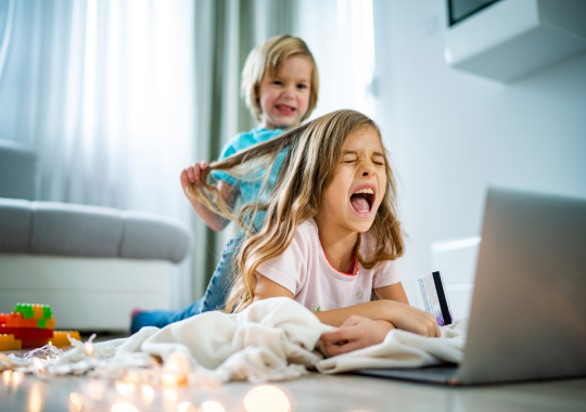 שני אחים רבים. הבן הצעיר עומד מאחורי אחותו הבוגרת ומושך לה בשיער.