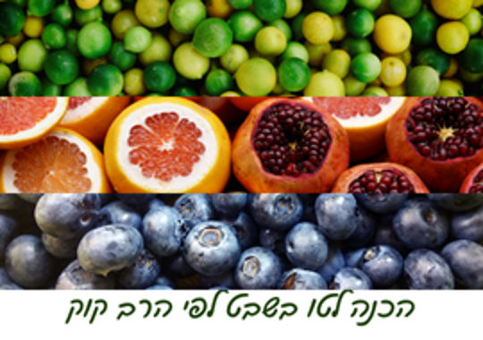 זיתים, רימונים, תפוזים אדומים, אוכמניות  וכיתוב: "הכנה לטו בשבט לפי הרב קוק"