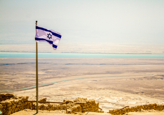 דגל ישראל לרקע נוף עם חומת אבנים, חול וים